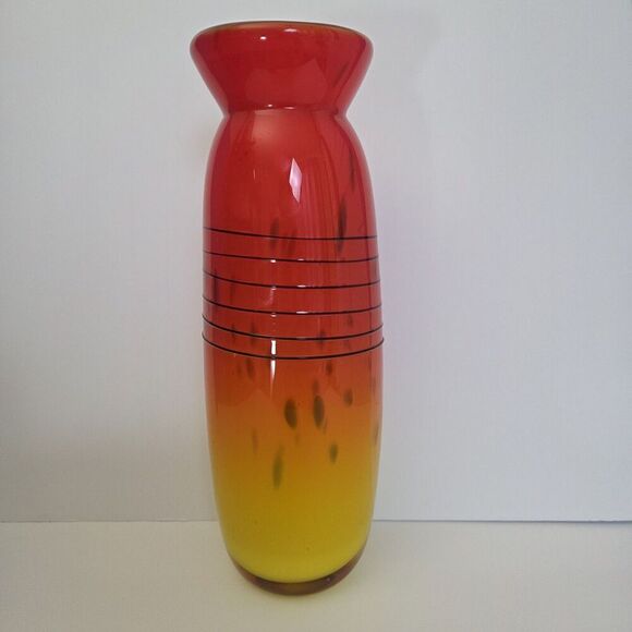 FIFTH AVENUE Crystal Art Glass Vase 12" Orange Yellow Red Black w White Interior - Picture 3 of 11